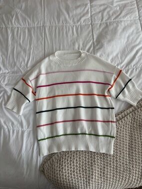 White Short-Sleeve Sweater with Multicolor Stripes